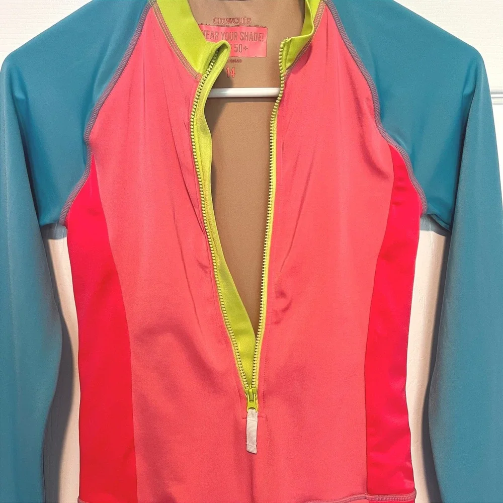 Crewcuts Kids 14 One Piece Long Sleeve Swimsuit Pink Teal Rash Guard UPF 50+